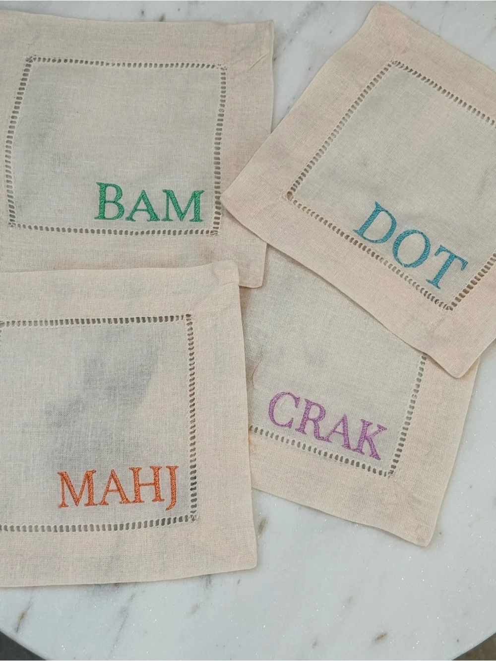 Mahjong Embroidered Linen Cocktail Napkin Set